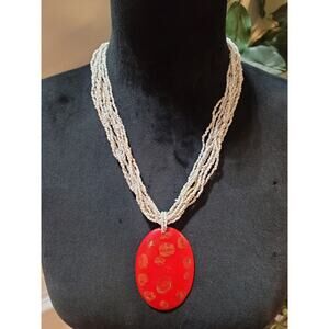 Womens White Beaded Necklace With Large Red Oval Pendant And Button Lock Jewelry